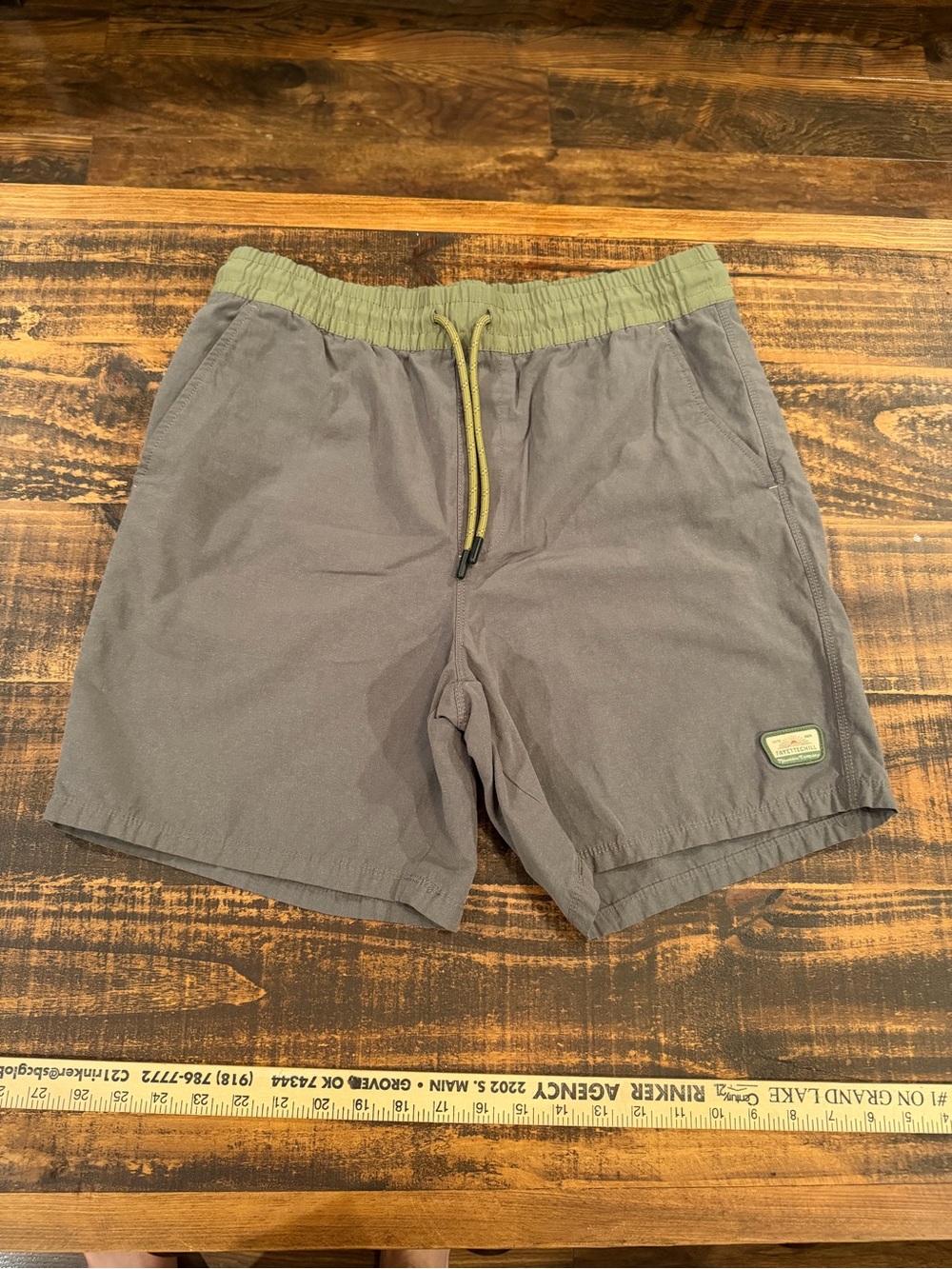 Men's Gray Athletic Shorts with Olive Waistband and Drawstring